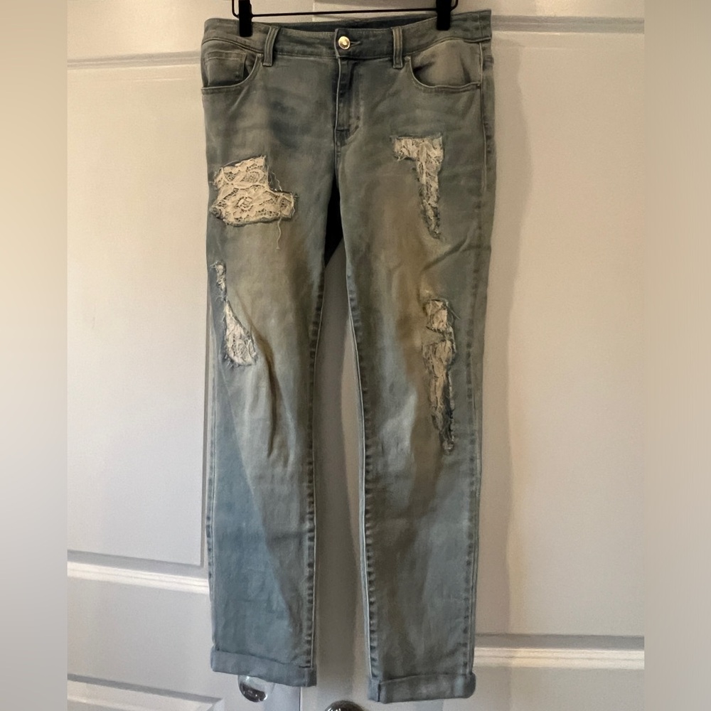 Chicos torn jeans with lace. So fun and flirty